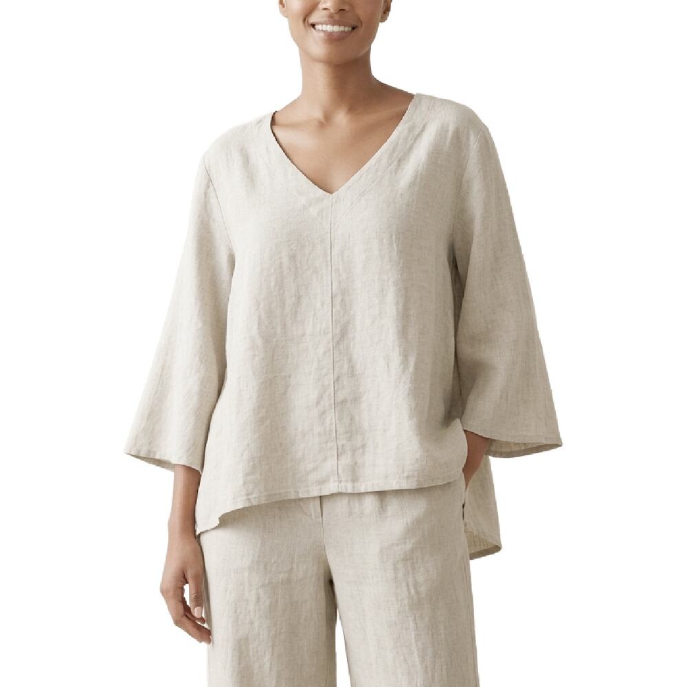 Bryn Walker Lily Top 100% Linen V-Neck Bell Sleeve Tunic Flax Beige XXL USA
